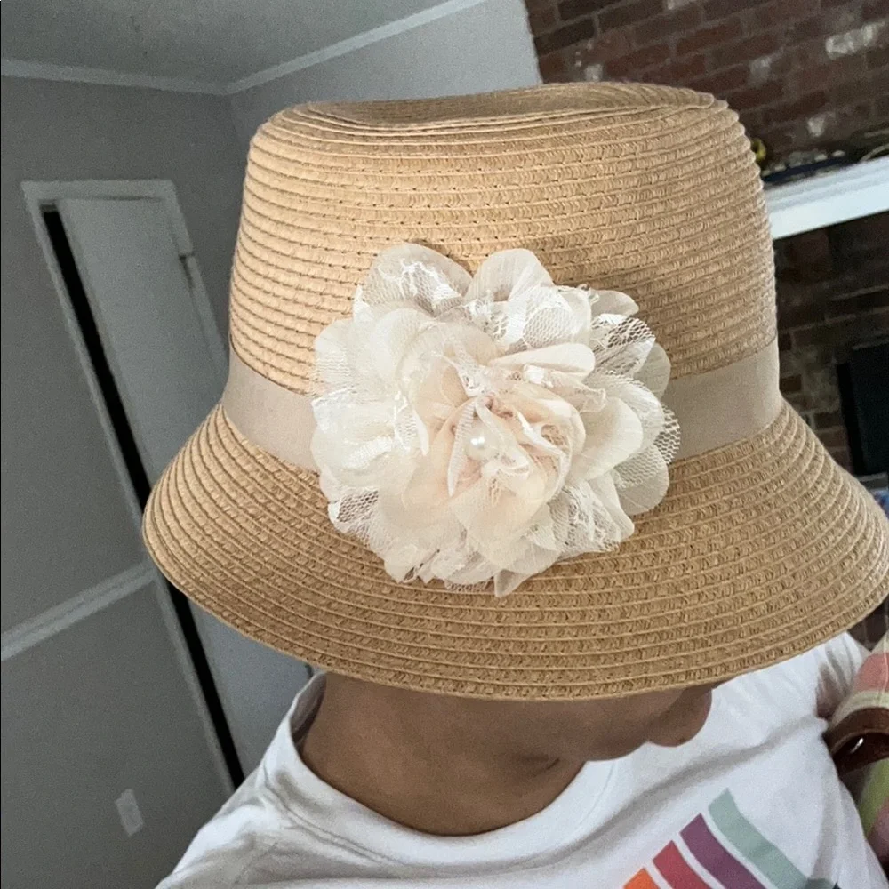 Elegant Tan Sun Hat with Cream Flower Accent